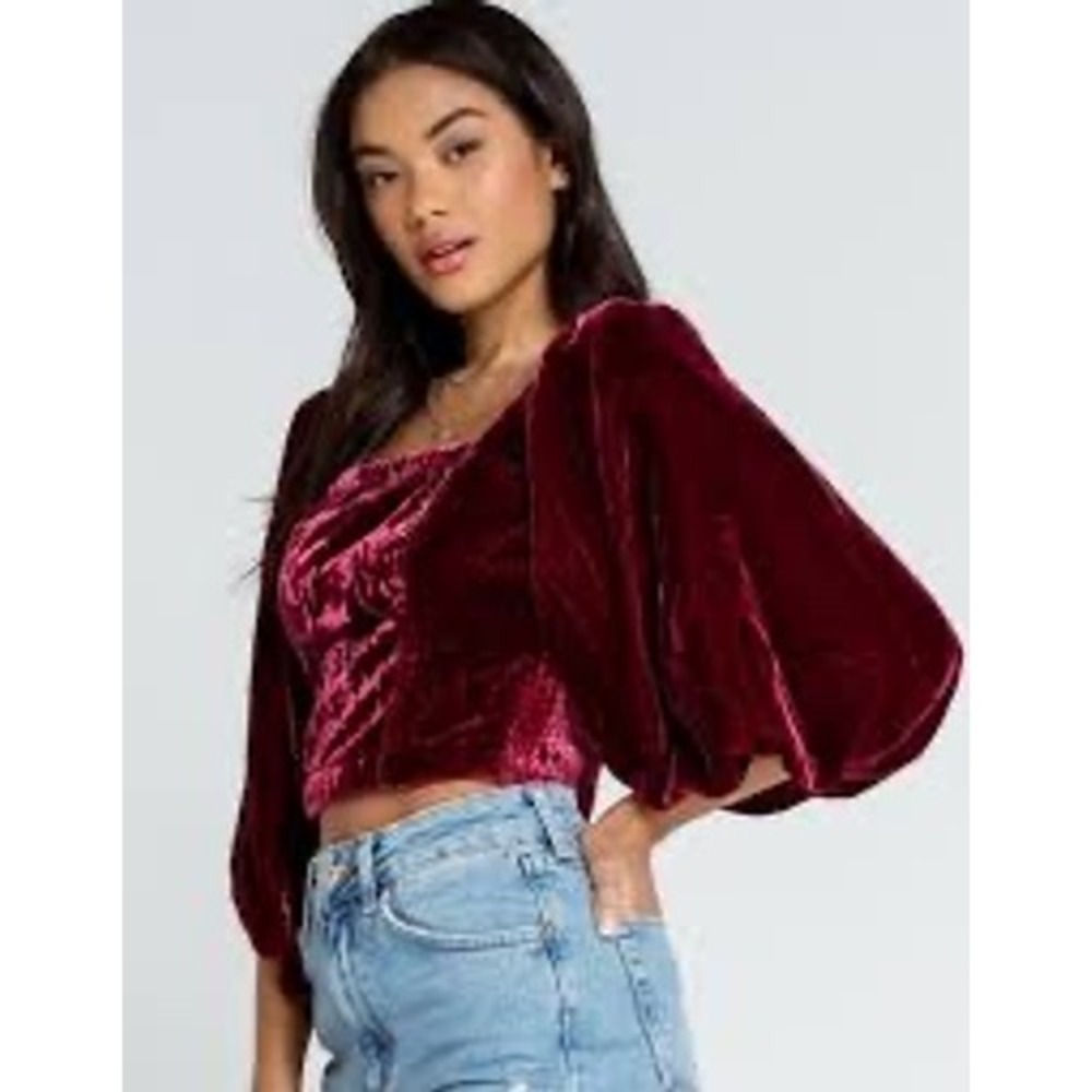 Free People Velvet Crop Top Womens L Burgundy Excellent Puff Sleeve Tie Back